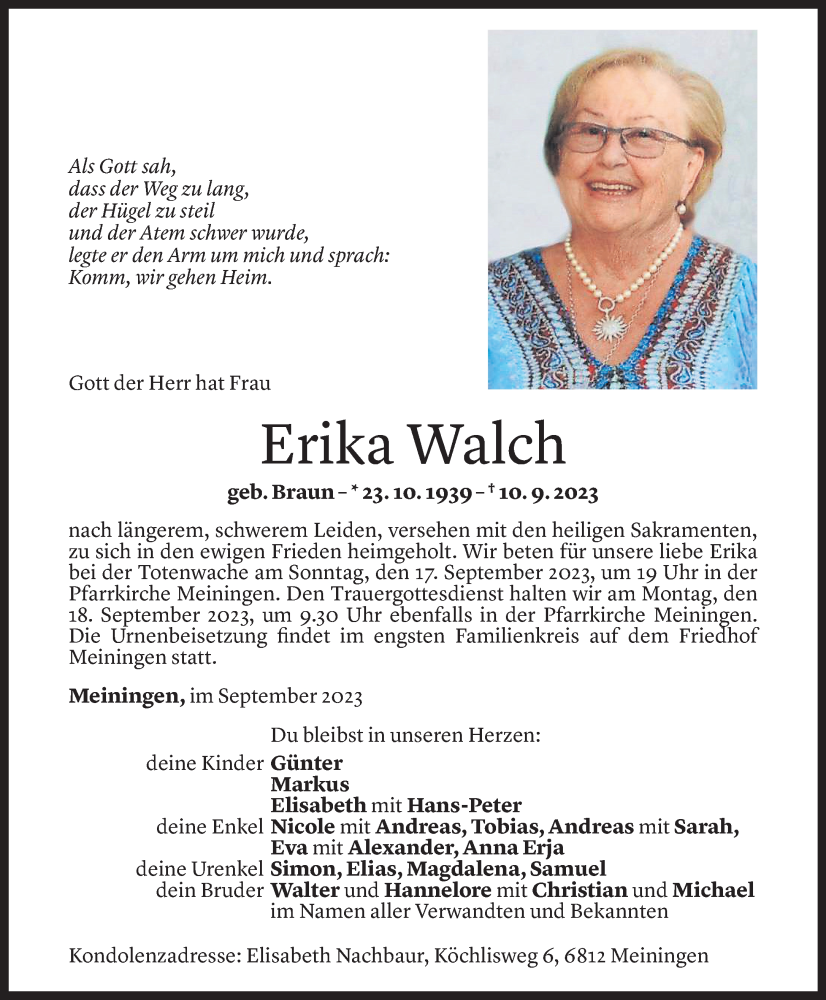  Todesanzeige für Erika Walch vom 13.09.2023 aus Vorarlberger Nachrichten