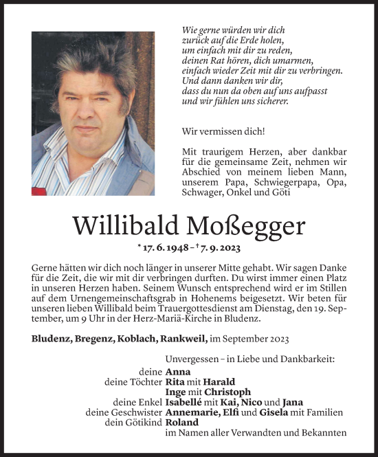 Todesanzeige von Willibald Moßegger von Vorarlberger Nachrichten