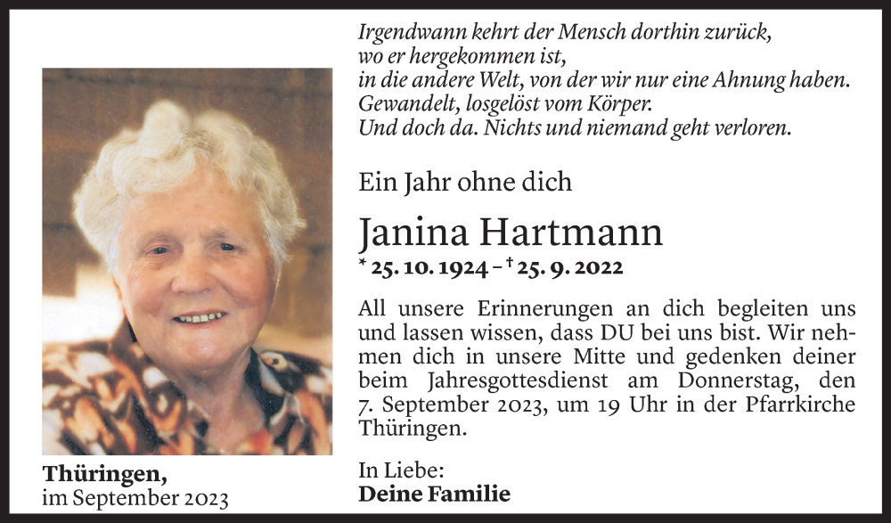  Todesanzeige für Janina Hartmann vom 03.09.2023 aus Vorarlberger Nachrichten