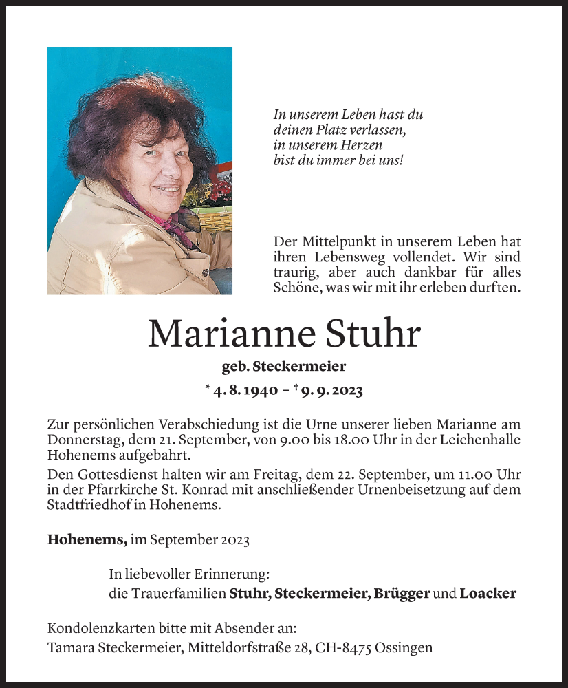  Todesanzeige für Marianne Stuhr vom 19.09.2023 aus Vorarlberger Nachrichten