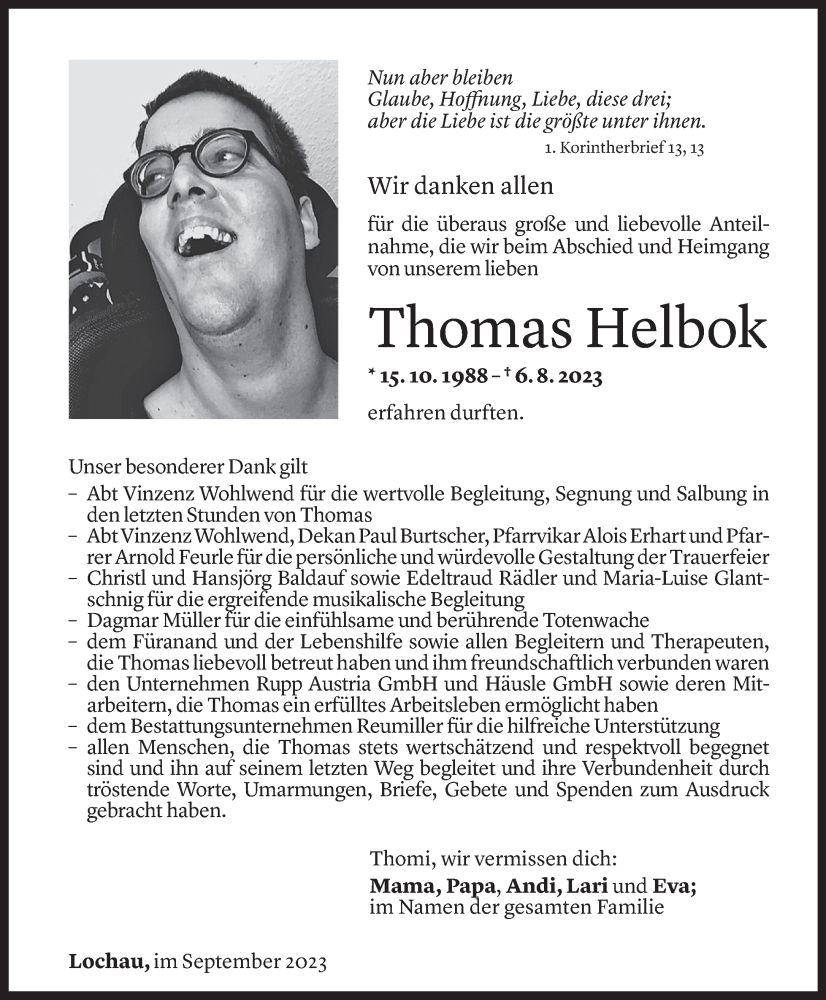  Todesanzeige für Thomas Helbok vom 09.09.2023 aus Vorarlberger Nachrichten