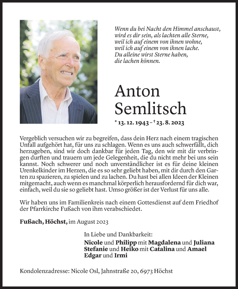  Todesanzeige für Anton Semlitsch vom 02.09.2023 aus Vorarlberger Nachrichten