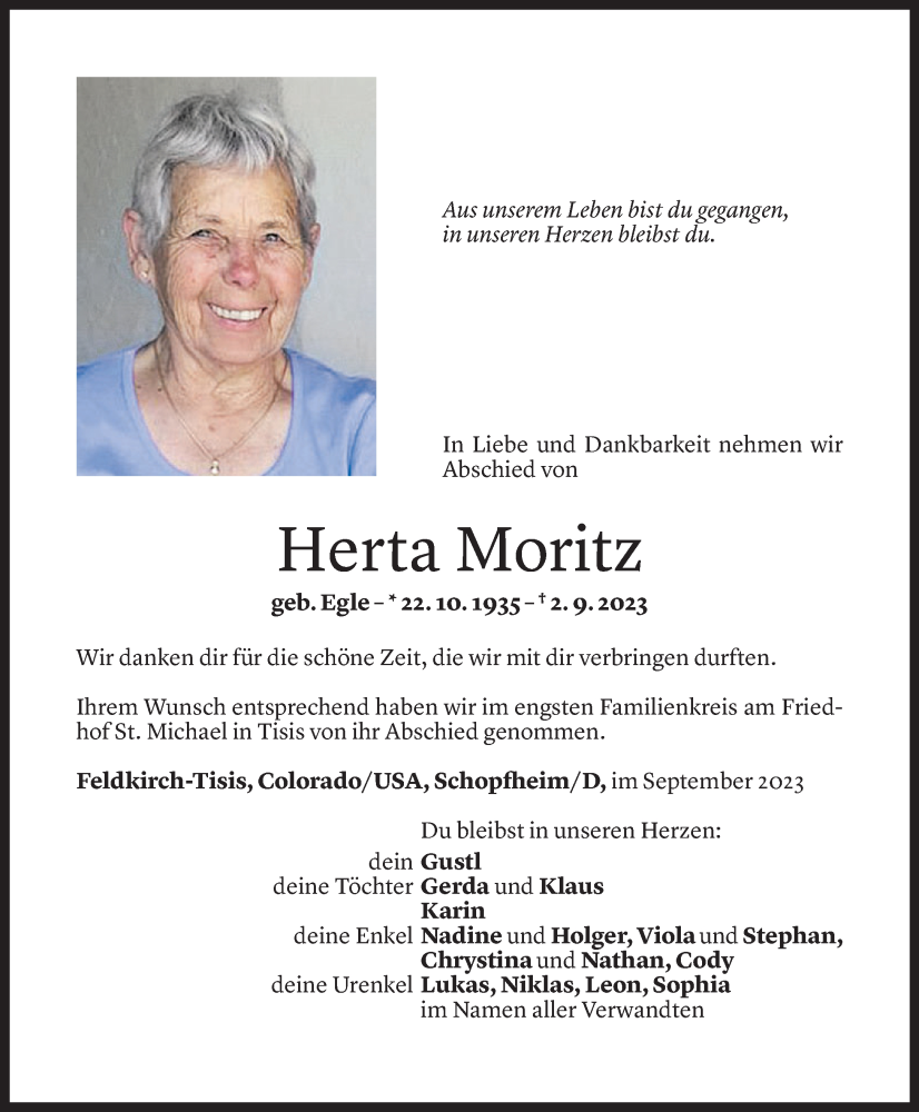  Todesanzeige für Herta Moritz vom 16.09.2023 aus Vorarlberger Nachrichten