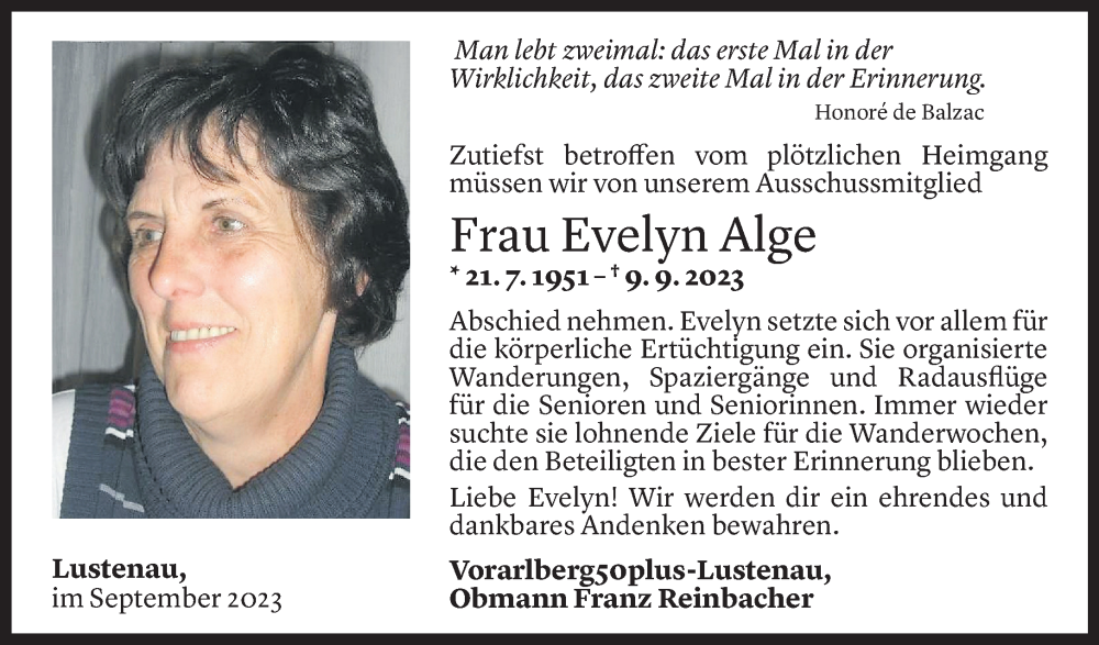  Todesanzeige für Evelyn Alge vom 14.09.2023 aus Vorarlberger Nachrichten