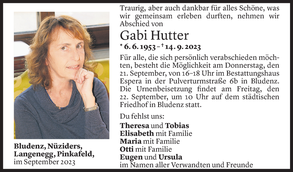  Todesanzeige für Gabriela Hutter vom 19.09.2023 aus Vorarlberger Nachrichten