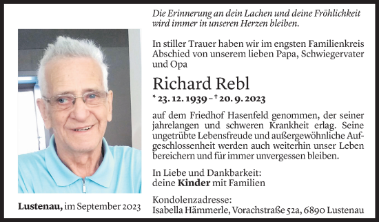 Todesanzeige von Richard Rebl von Vorarlberger Nachrichten