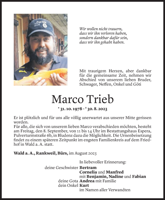 Todesanzeige von Marco Trieb von Vorarlberger Nachrichten