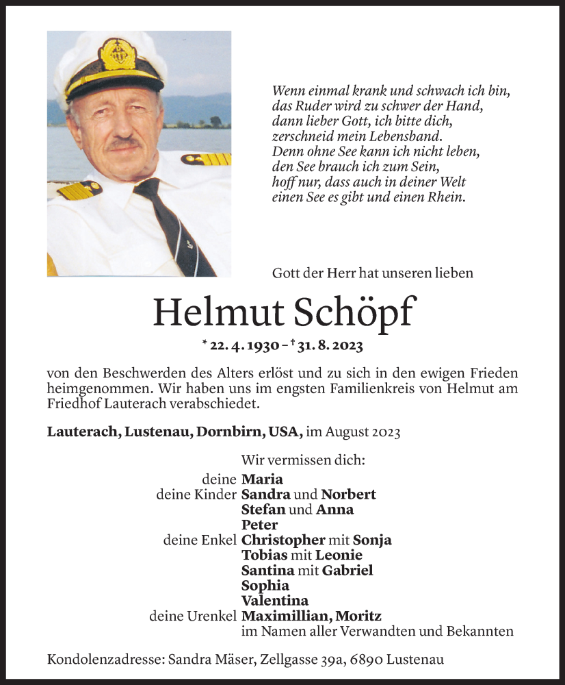  Todesanzeige für Helmut Schöpf vom 14.09.2023 aus Vorarlberger Nachrichten