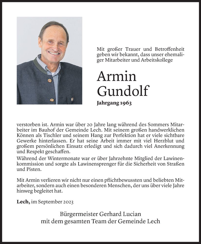  Todesanzeige für Armin Gundolf vom 02.10.2023 aus Vorarlberger Nachrichten