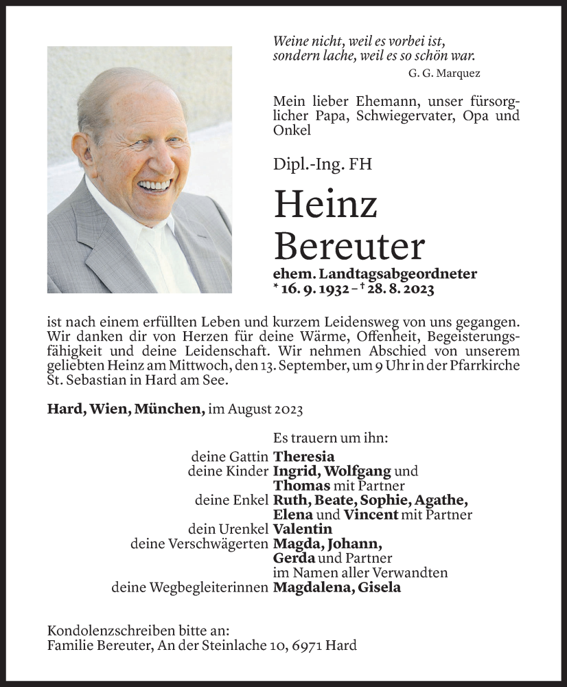  Todesanzeige für Heinz Bereuter vom 06.09.2023 aus Vorarlberger Nachrichten