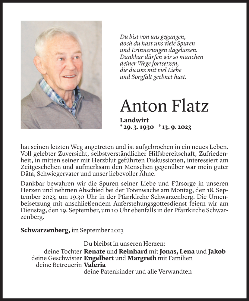  Todesanzeige für Anton Flatz vom 16.09.2023 aus Vorarlberger Nachrichten