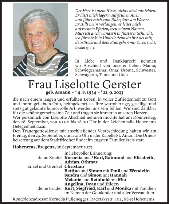 Todesanzeige von Liselotte Gerster von Vorarlberger Nachrichten
