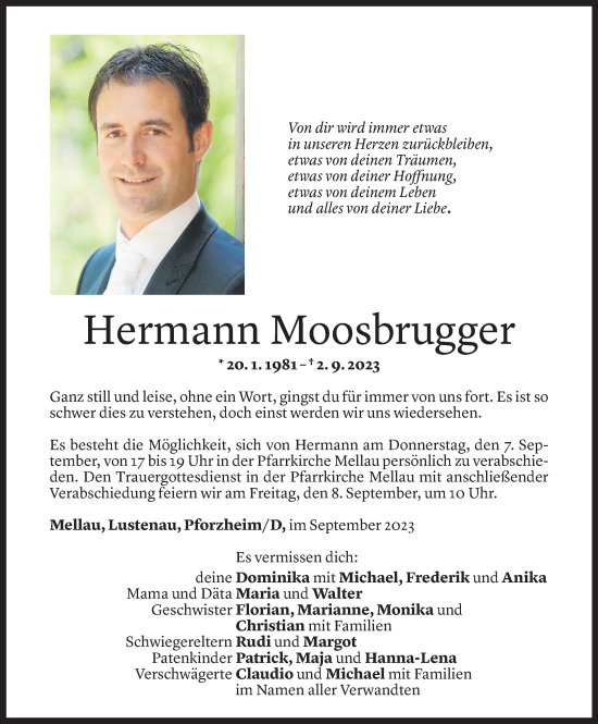 Todesanzeige von Hermann Moosbrugger von Vorarlberger Nachrichten