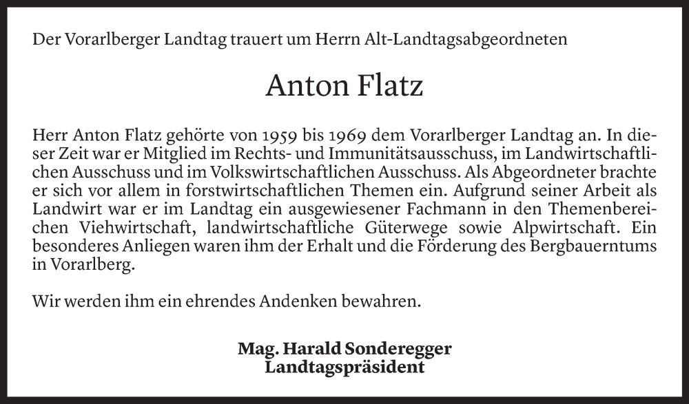  Todesanzeige für Anton Flatz vom 19.09.2023 aus Vorarlberger Nachrichten