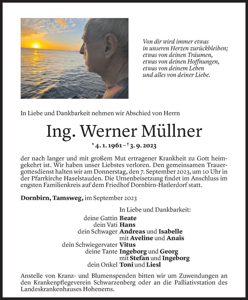  Todesanzeige für Werner Müllner vom 05.09.2023 aus Vorarlberger Nachrichten