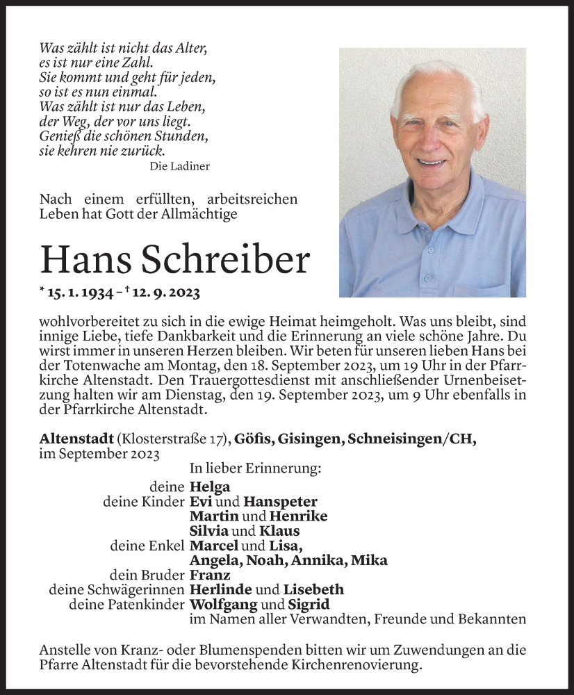  Todesanzeige für Hans Schreiber vom 14.09.2023 aus Vorarlberger Nachrichten