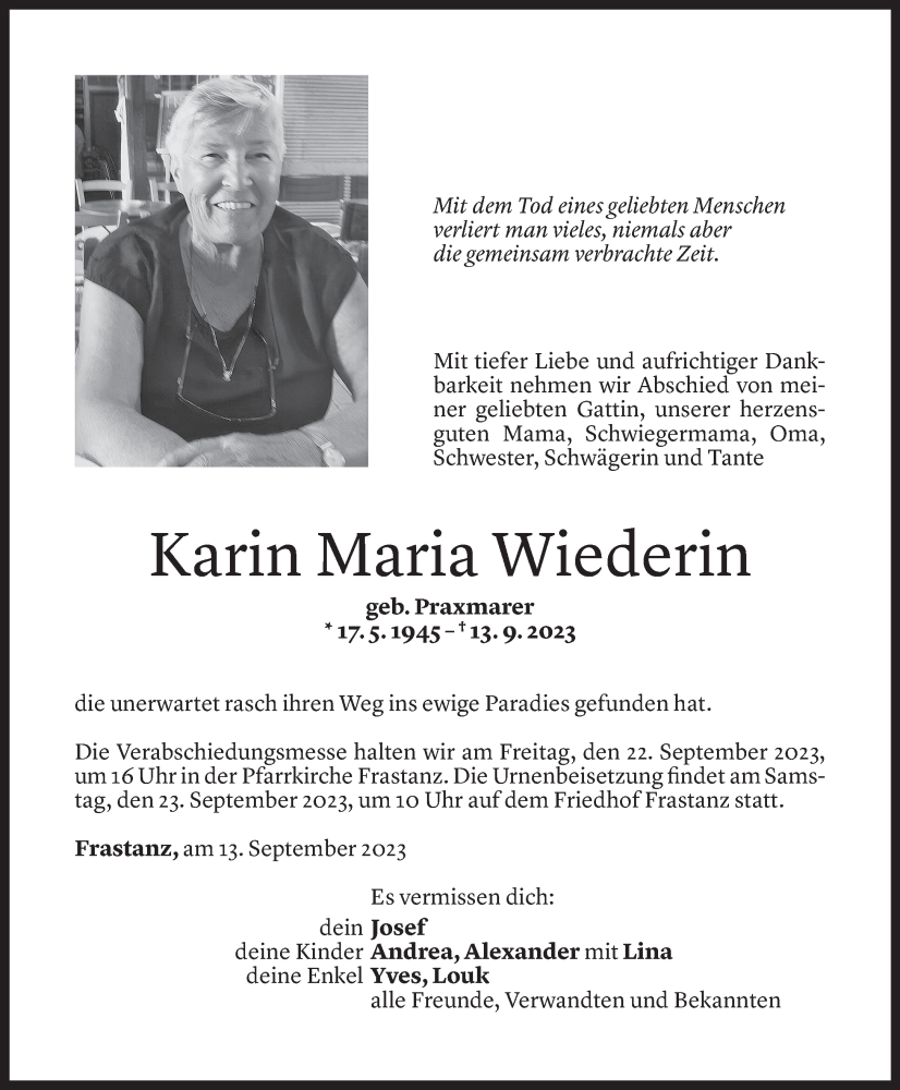  Todesanzeige für Karin Maria Wiederin vom 15.09.2023 aus Vorarlberger Nachrichten