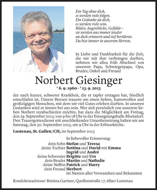 Todesanzeige von Norbert Giesinger von Vorarlberger Nachrichten