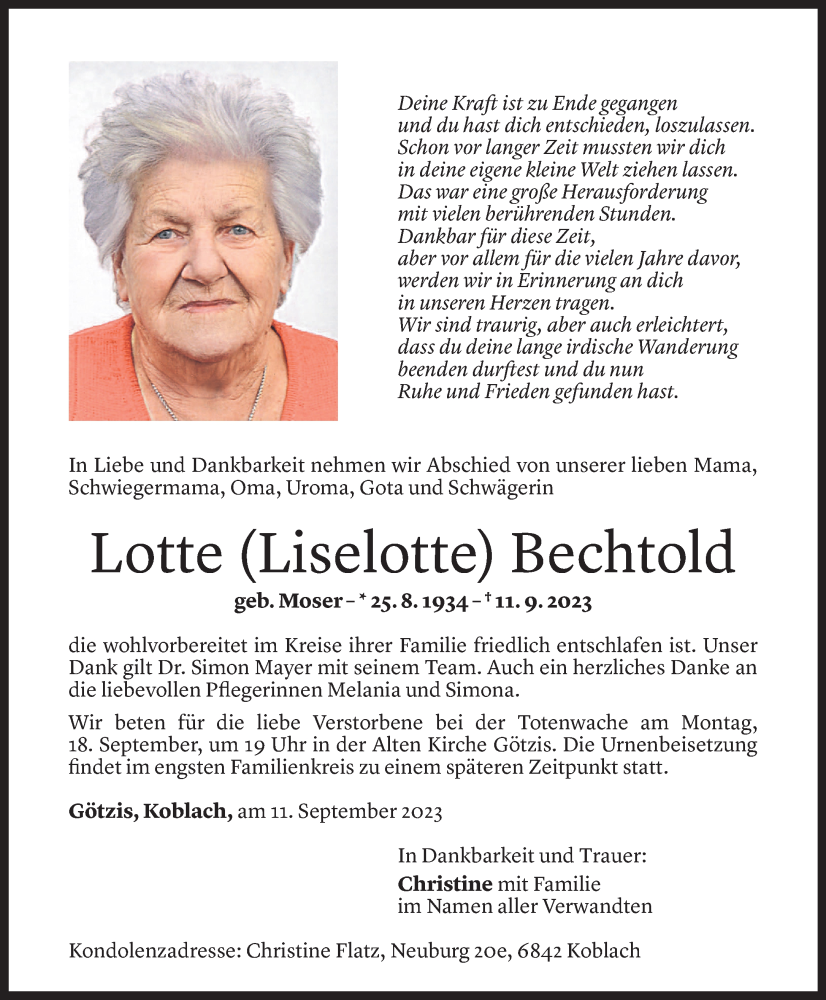  Todesanzeige für Liselotte Bechtold vom 15.09.2023 aus Vorarlberger Nachrichten