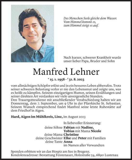 Todesanzeige von Manfred Lehner von Vorarlberger Nachrichten