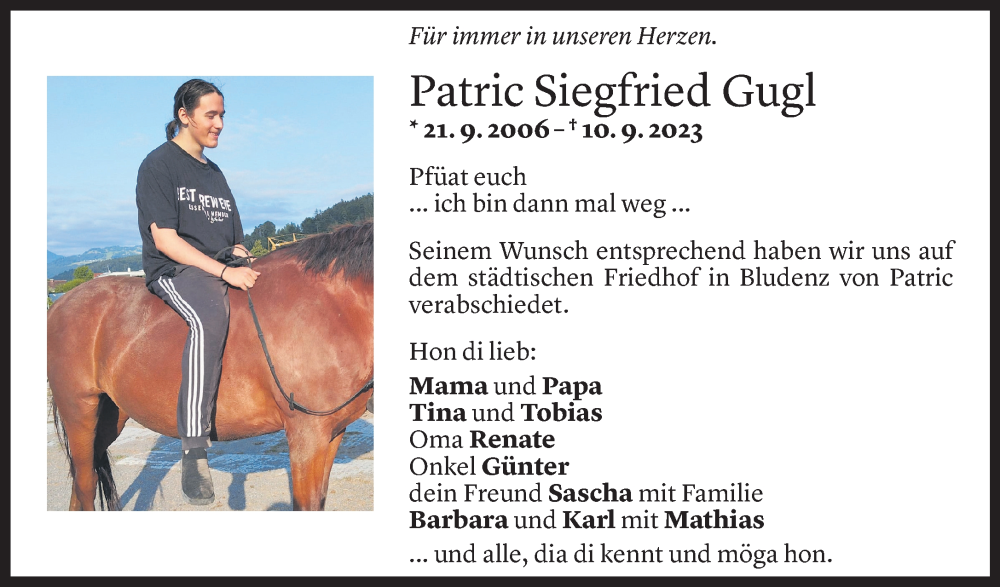  Todesanzeige für Patric Gugl vom 23.09.2023 aus Vorarlberger Nachrichten