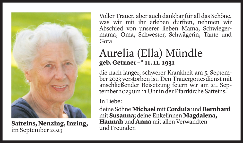  Todesanzeige für Aurelia Mündle vom 19.09.2023 aus Vorarlberger Nachrichten