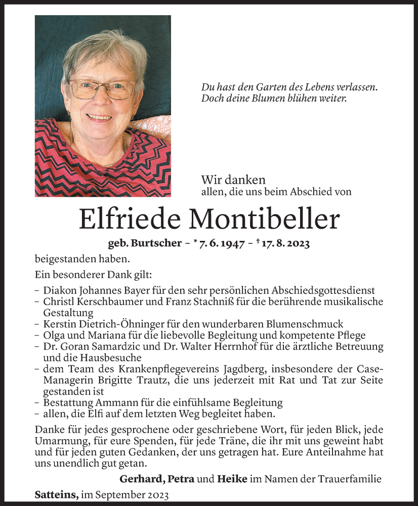  Todesanzeige für Elfriede Montibeller vom 16.09.2023 aus Vorarlberger Nachrichten