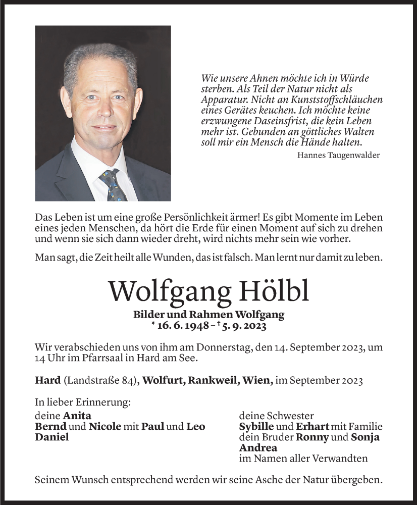  Todesanzeige für Wolfgang Hölbl vom 08.09.2023 aus Vorarlberger Nachrichten