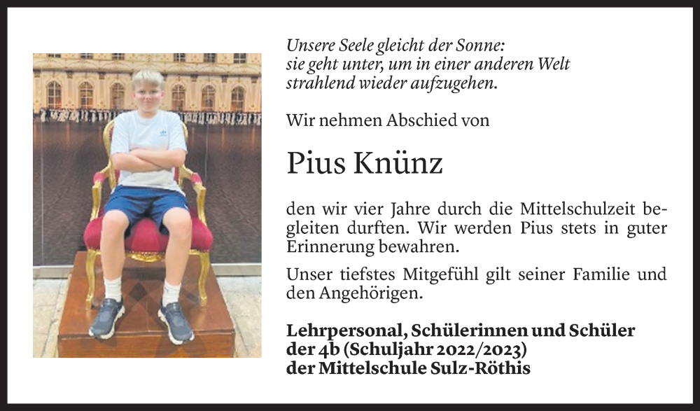  Todesanzeige für Pius Knünz vom 30.09.2023 aus Vorarlberger Nachrichten