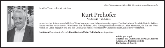 Todesanzeige von Kurt Prehofer von Vorarlberger Nachrichten