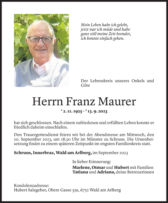 Todesanzeige von Franz Maurer von Vorarlberger Nachrichten