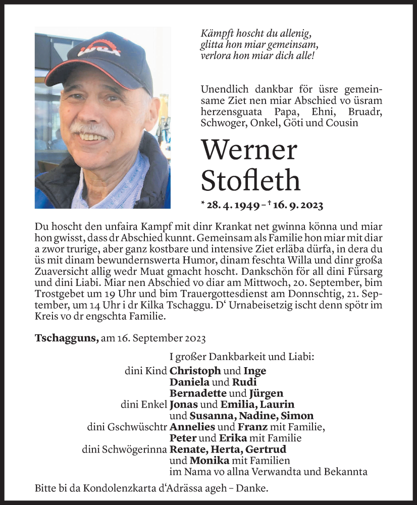  Todesanzeige für Werner Stofleth vom 19.09.2023 aus Vorarlberger Nachrichten