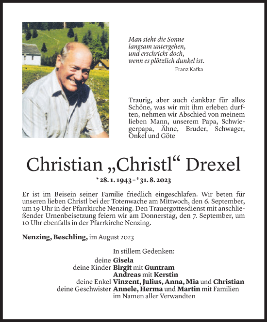 Todesanzeige von Christian Drexel von Vorarlberger Nachrichten