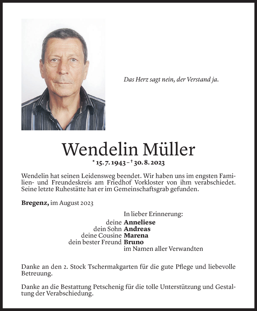  Todesanzeige für Wendelin Müller vom 16.09.2023 aus Vorarlberger Nachrichten