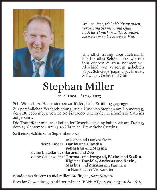 Todesanzeige von Stephan Miller von Vorarlberger Nachrichten