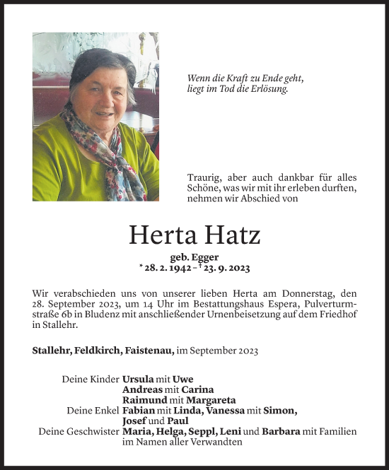 Todesanzeige von Herta Hatz von Vorarlberger Nachrichten