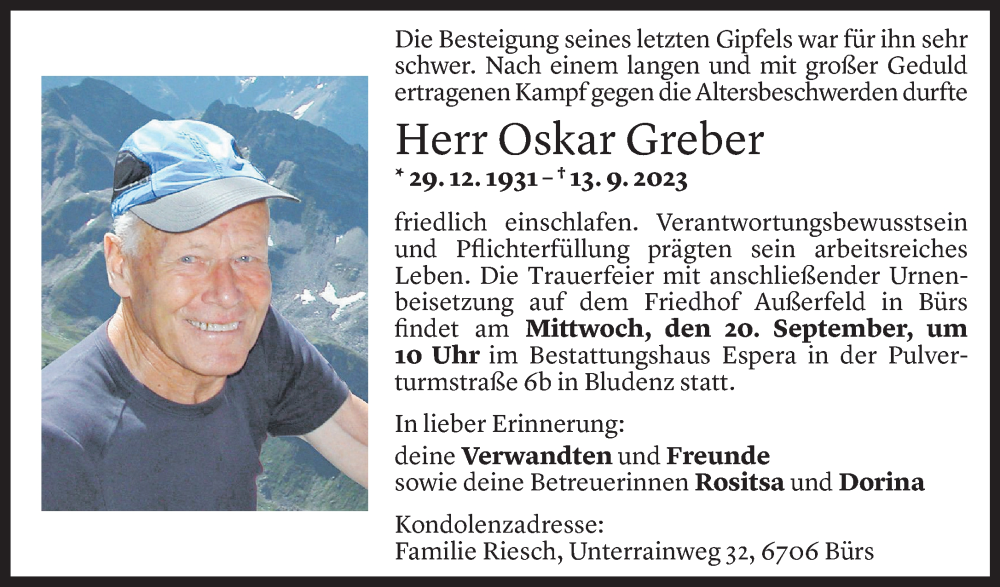  Todesanzeige für Oskar Greber vom 16.09.2023 aus Vorarlberger Nachrichten