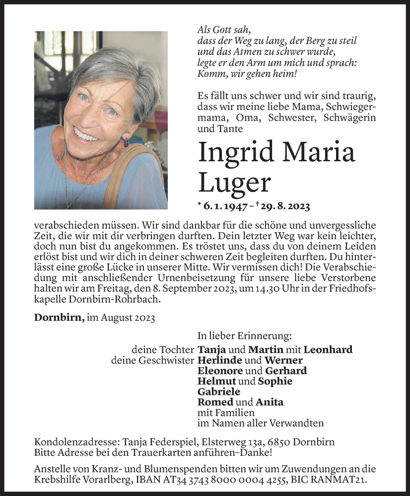 Todesanzeigen von Ingrid Maria Luger