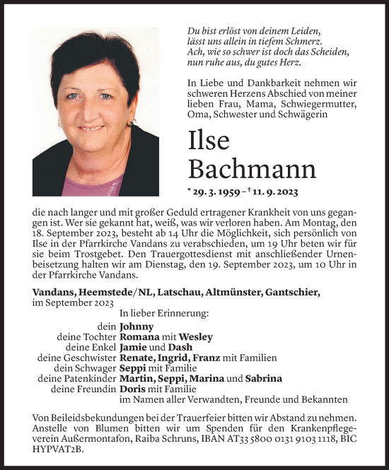 Todesanzeige von Ilse Bachmann von Vorarlberger Nachrichten