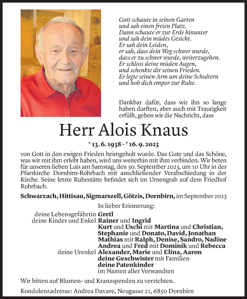  Todesanzeige für Alois Knaus vom 27.09.2023 aus Vorarlberger Nachrichten