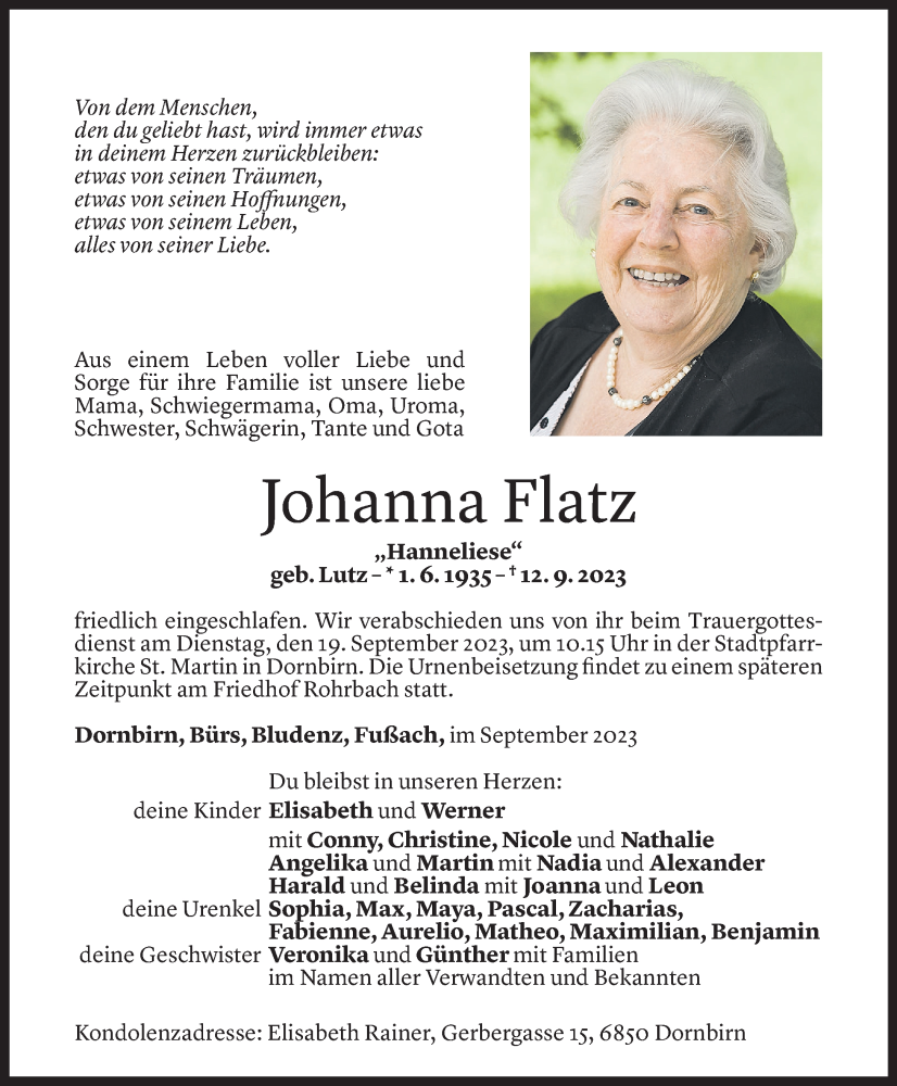  Todesanzeige für Johanna Flatz vom 16.09.2023 aus Vorarlberger Nachrichten