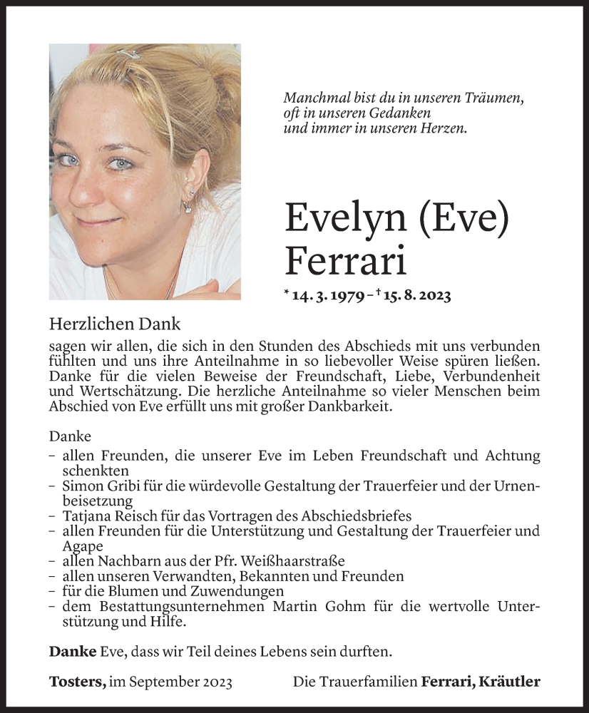  Todesanzeige für Evelyn Ferrari vom 16.09.2023 aus Vorarlberger Nachrichten