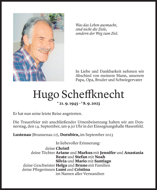 Todesanzeige von Hugo Schefflknecht von Vorarlberger Nachrichten