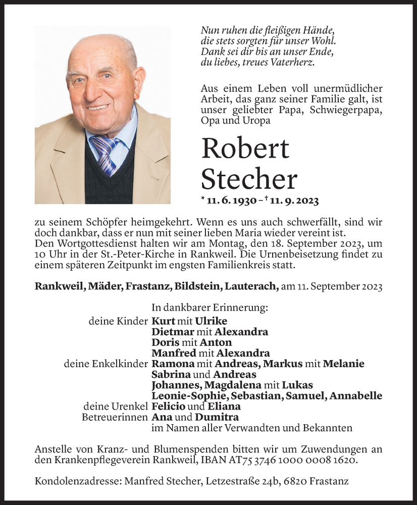  Todesanzeige für Robert Stecher vom 15.09.2023 aus Vorarlberger Nachrichten