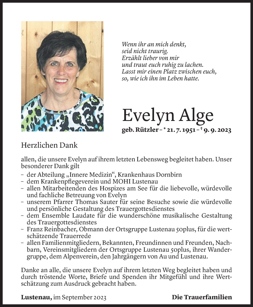  Todesanzeige für Evelyn Alge vom 30.09.2023 aus Vorarlberger Nachrichten