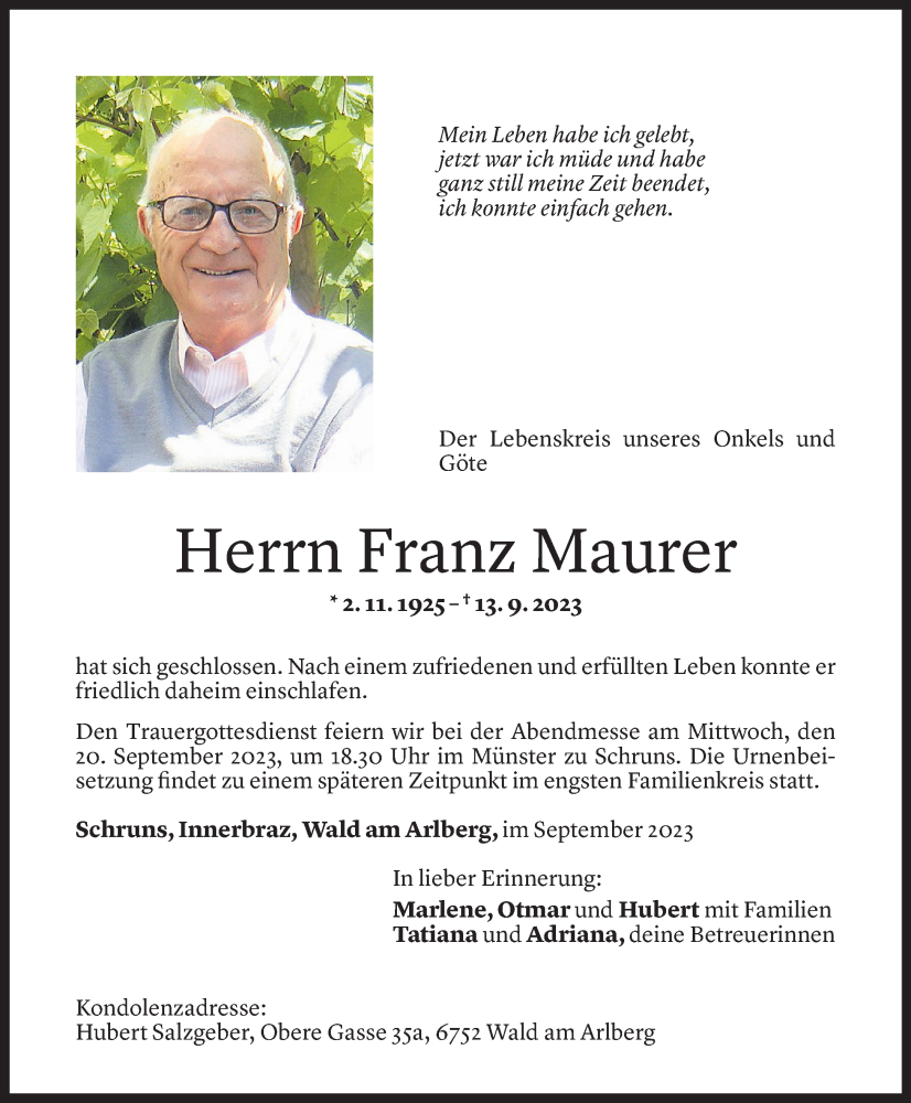  Todesanzeige für Franz Maurer vom 18.09.2023 aus Vorarlberger Nachrichten