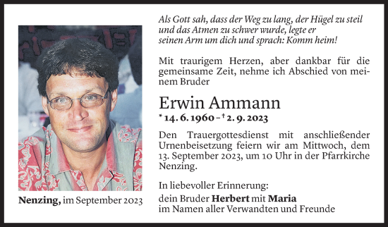 Todesanzeige von Erwin Ammann von Vorarlberger Nachrichten