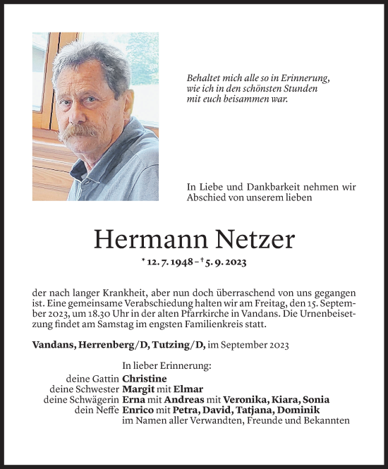 Todesanzeige von Hermann Netzer von Vorarlberger Nachrichten