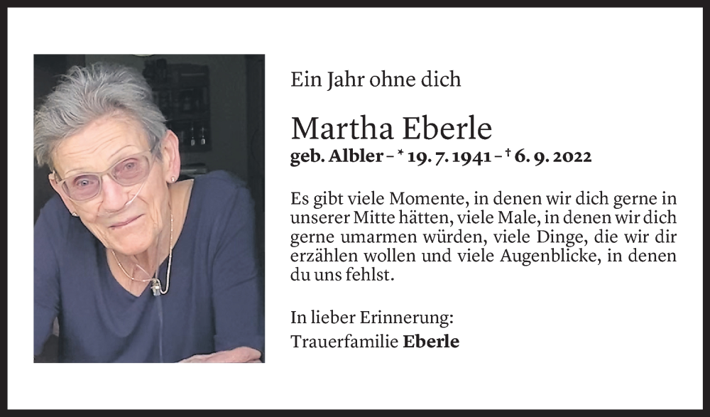  Todesanzeige für Martha Eberle vom 06.09.2023 aus Vorarlberger Nachrichten