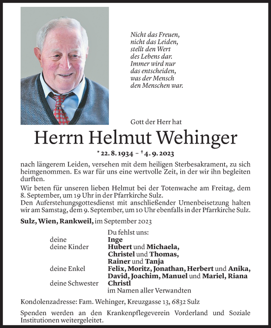 Todesanzeige von Helmut Wehinger von Vorarlberger Nachrichten